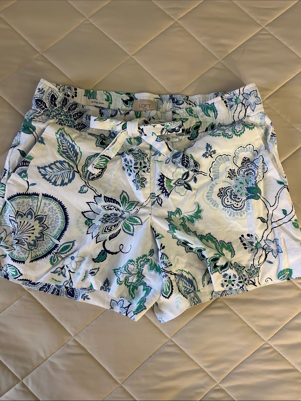 LOFT White High-Waist Floral Drawstring Shorts with Blue & Green Print